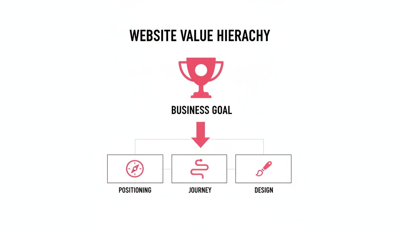 Website Value Hierarchy diagram showing business goal leading to positioning, journey, and design.