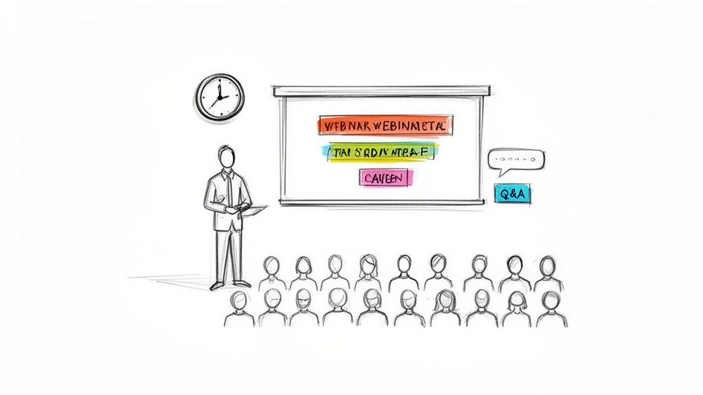 A sketch of a webinar or presentation with a speaker, an audience, a screen, and a Q&A box.