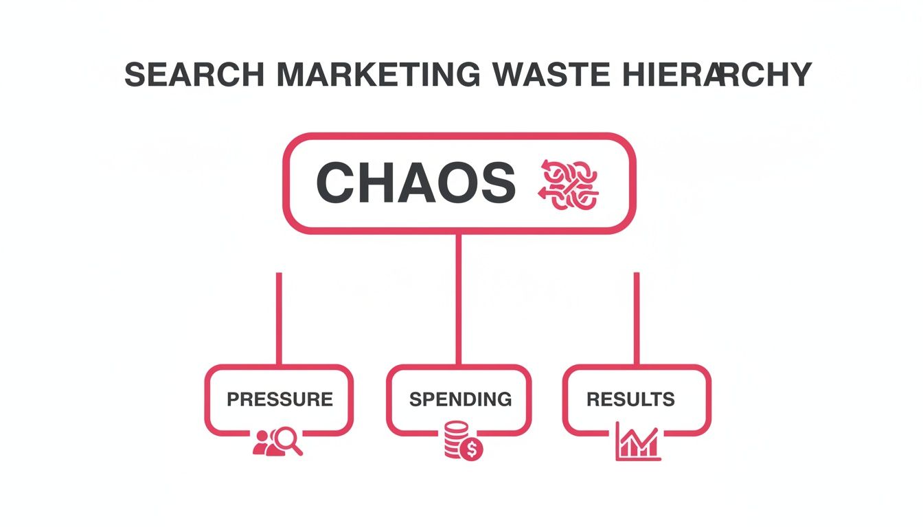 A diagram illustrating the Search Marketing Waste Hierarchy, showing Chaos leading to Pressure, Spending, and Results.