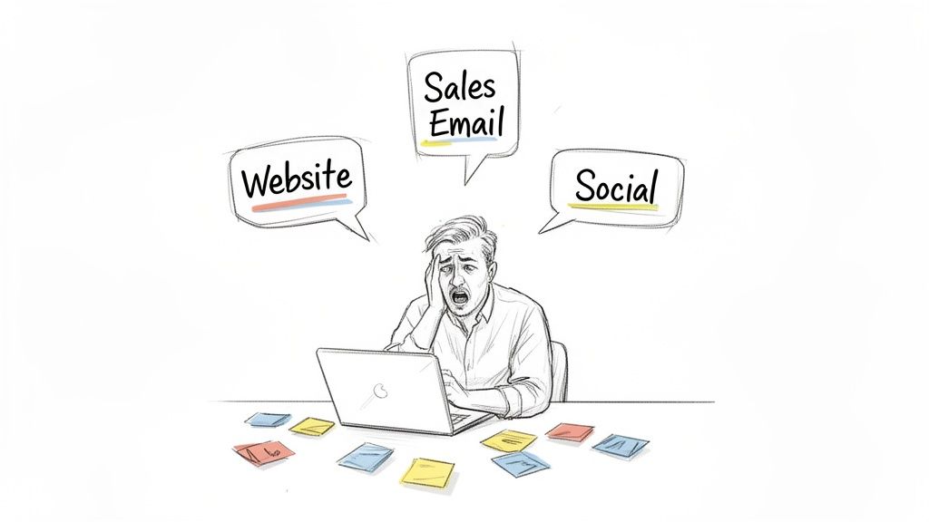 Overwhelmed man at laptop, surrounded by sticky notes, pondering website, sales emails, and social media.