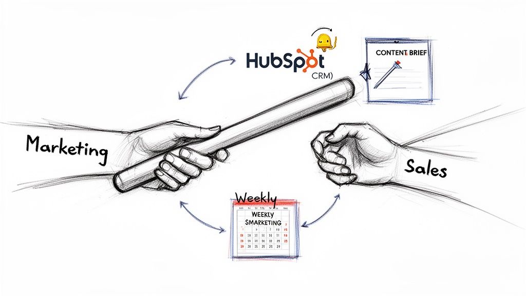 Marketing and Sales teams collaborate, passing the baton, utilizing HubSpot CRM, content briefs, and weekly smarketing.
