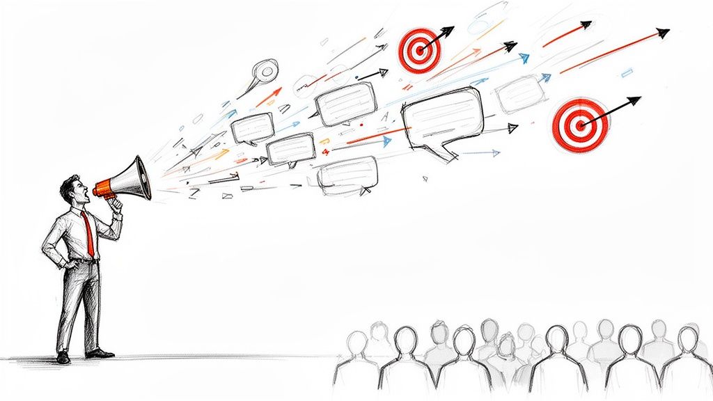 A man using a megaphone communicates ideas, speech bubbles, and arrows towards targets and an audience.