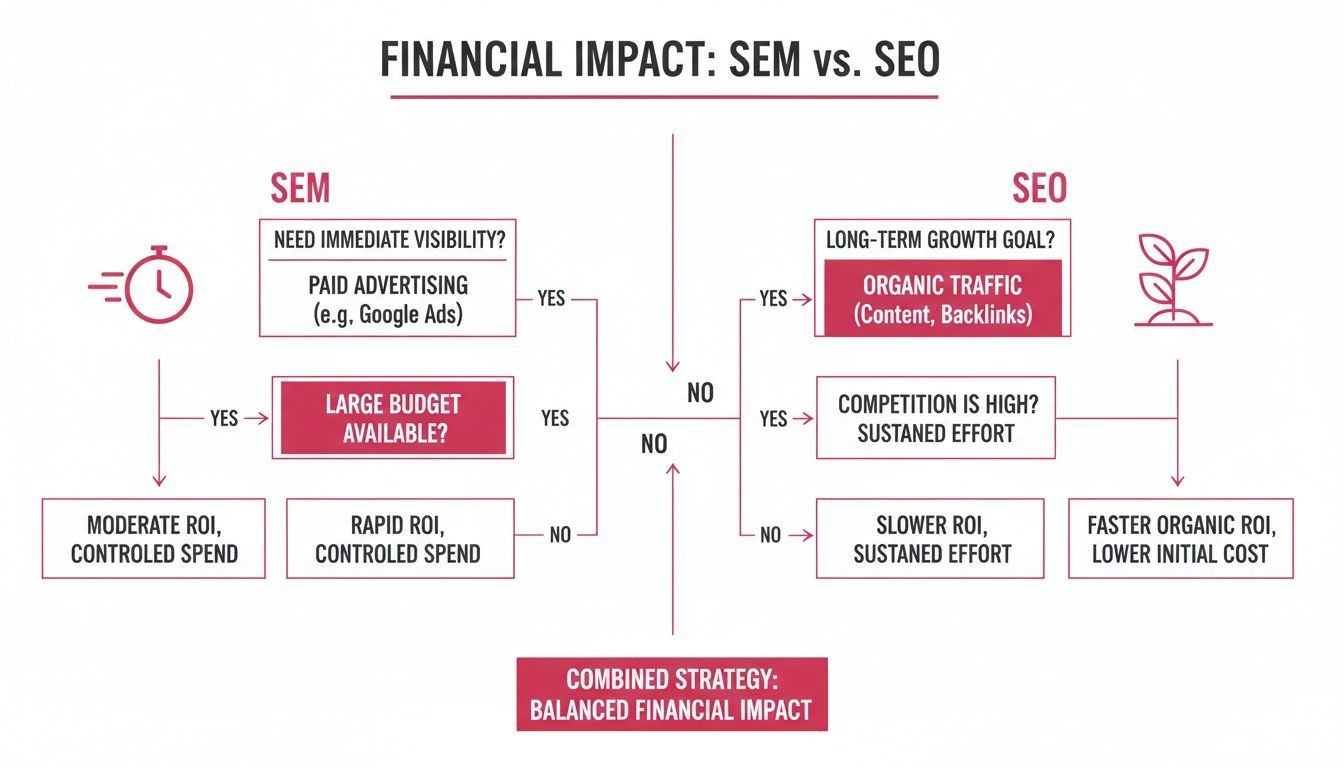 Flowchart outlining the financial impact of SEM versus SEO strategy based on business needs.
