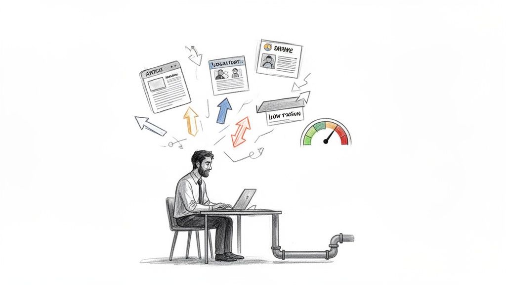 A man working on a laptop, surrounded by content, data analysis, and performance metrics.