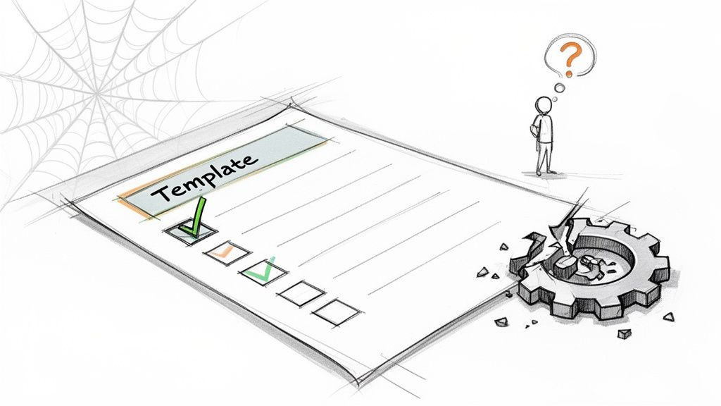 Template checklist with green checkmark, spiderweb, broken gear, and a person wondering about process failure.