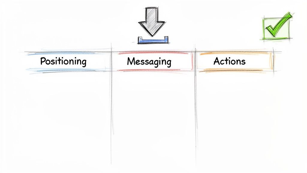 Hand-drawn whiteboard diagram illustrating a brand strategy template with Positioning, Messaging, and Actions columns.