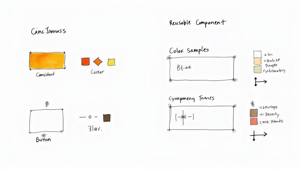 Sketches illustrating web design concepts, including color palettes, buttons, and reusable components.