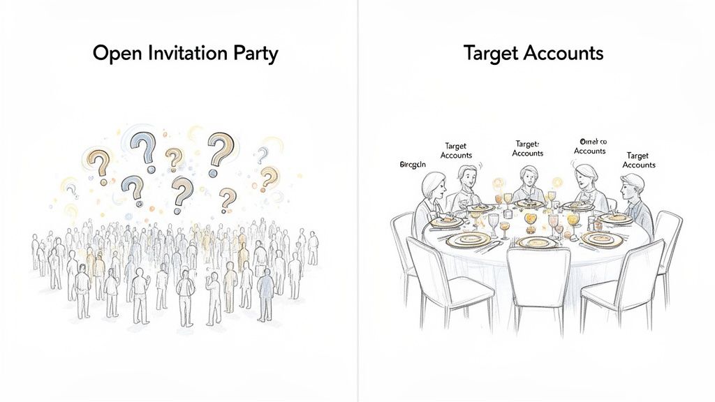 Illustration contrasting broad open marketing (crowd, question marks) with focused account-based marketing (dinner table, specific accounts).
