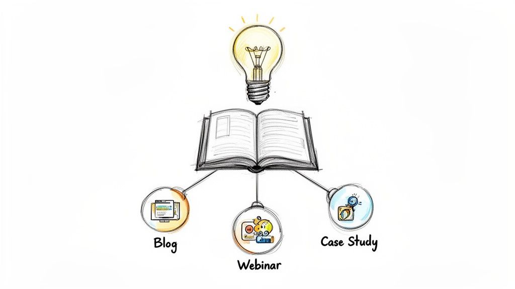 Illustration of an idea (light bulb) from a book, generating content like blog, webinar, case study.