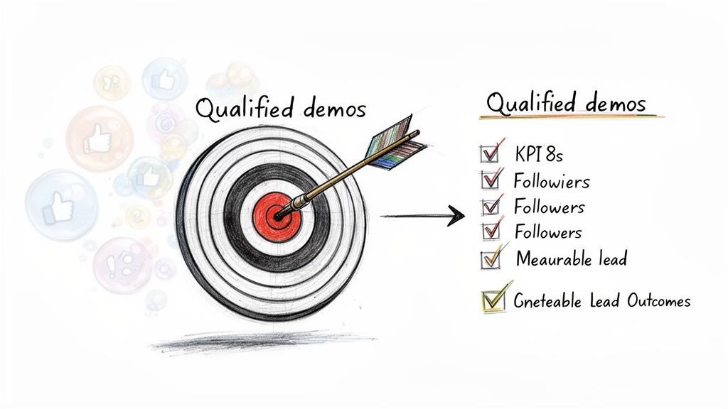 An arrow hitting a bullseye target labeled 'Qualified demos' next to a checklist of lead outcomes.