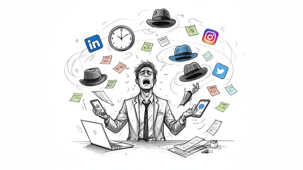 Stressed man juggling multiple social media apps, phones, hats, and work tasks.