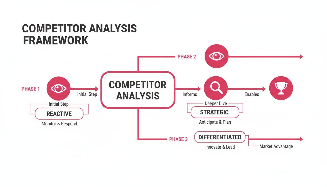 A competitor analysis framework diagram illustrating reactive, strategic, and differentiated phases for market advantage.