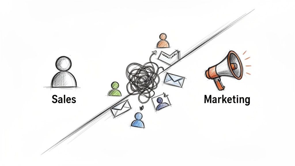 Visualizing the misalignment between sales and marketing teams, with a tangled mess of communication and prospects in between.