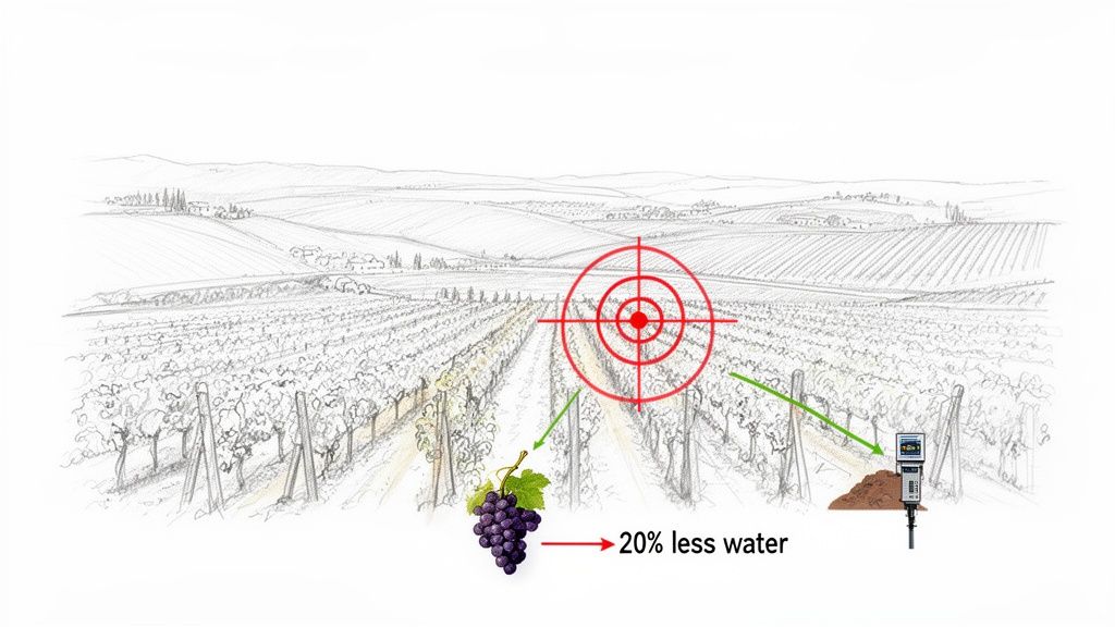 Vineyard showing smart irrigation, 20% less water for grapes, using a soil moisture sensor.