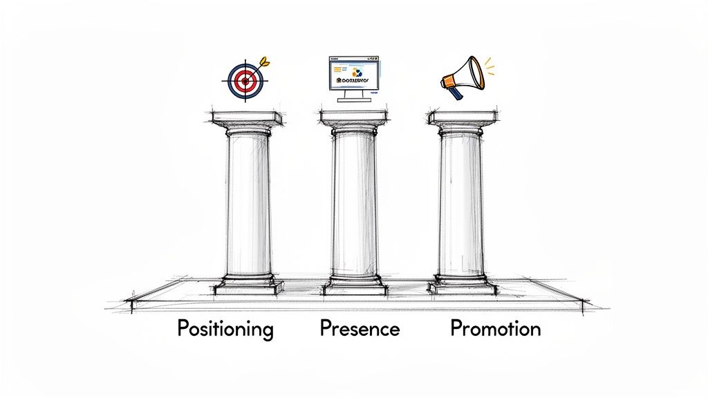 Three white sketch pillars with icons for Positioning (target), Presence (computer), and Promotion (megaphone).