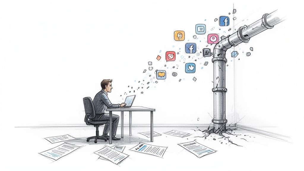 Illustration of a man creating digital content with social media icons flowing towards a data pipeline.