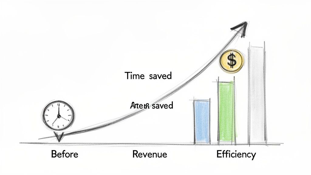 Hand-drawn graph illustrating how time saved leads to increased revenue and efficiency.