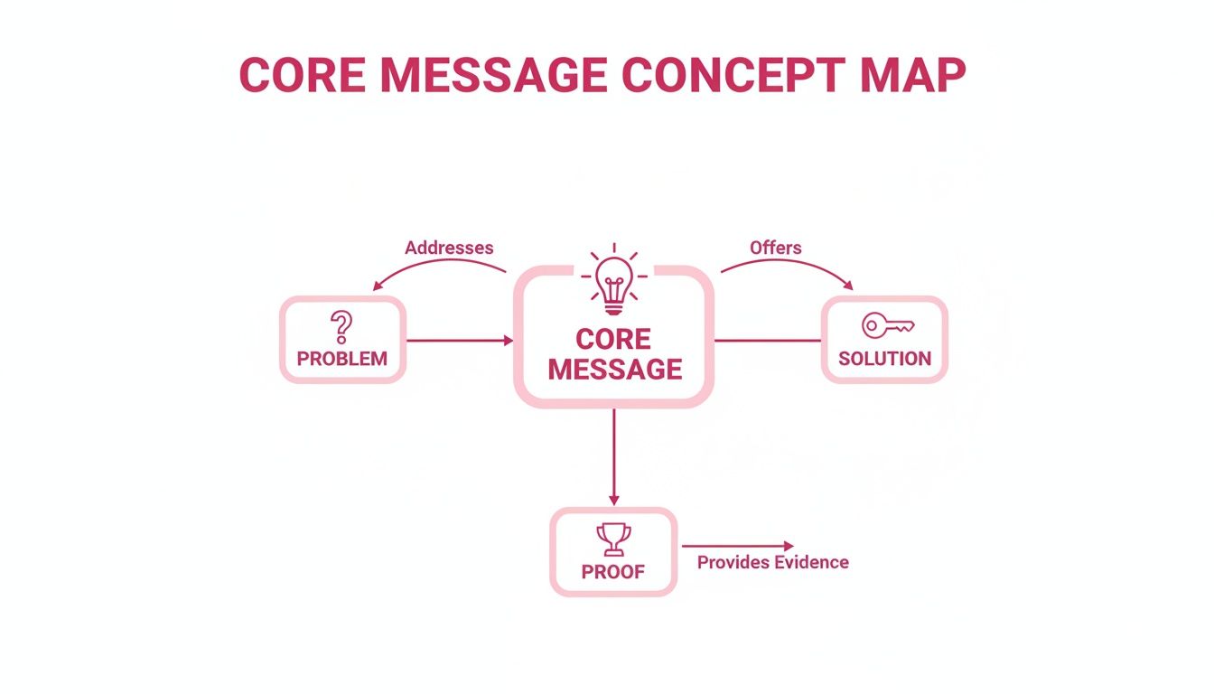 A concept map showing a core message addressing problems, offering solutions, and supported by proof.