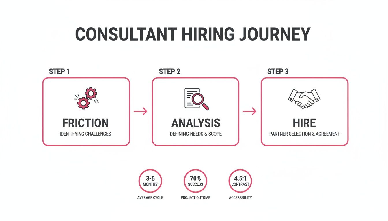 An infographic illustrating the three-step consultant hiring journey: Friction, Analysis, and Hire, with associated metrics.