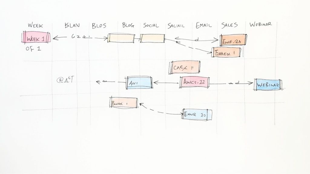 Hand-drawn integrated marketing communication plan on grid paper, showing tasks and workflow for blog, social, email, and sales.