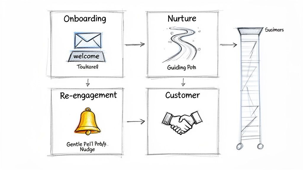 A flowchart showing customer journey stages: onboarding, nurture, re-engagement, and customer, leading to a tall structure labeled 'Sugimars'.