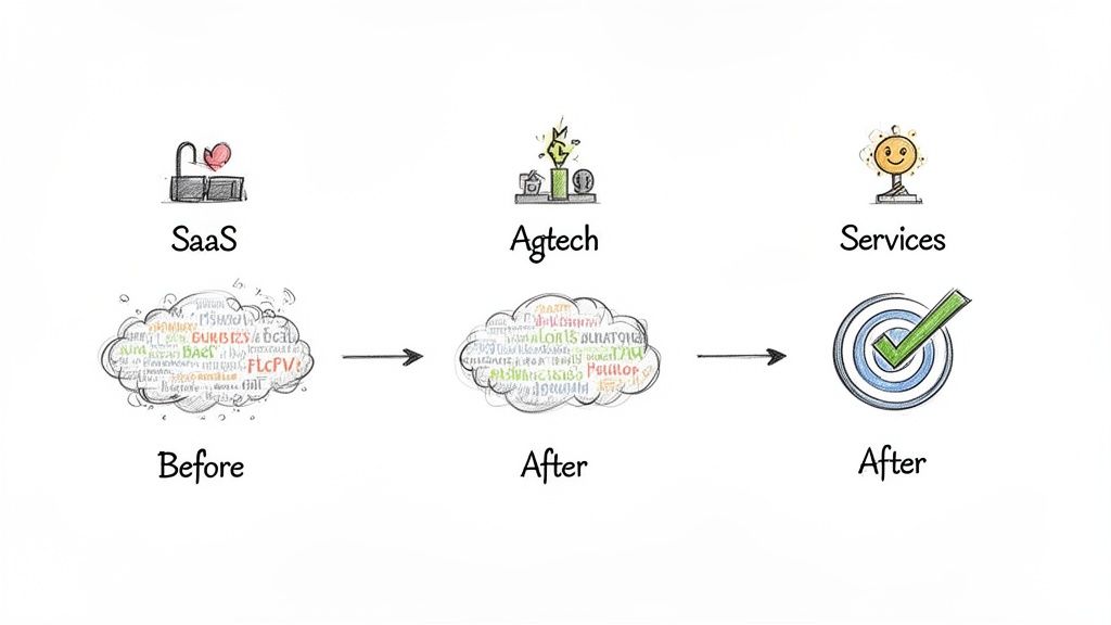 Visual flow illustrating business evolution from SaaS (before) to Agtech and Services (after) with clear goals.