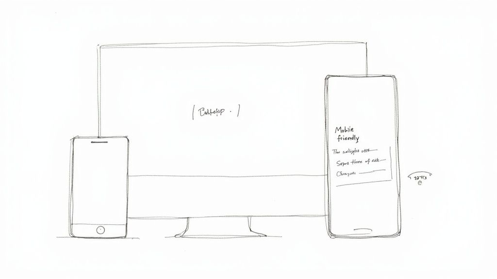 Hand-drawn sketch illustrating a desktop computer and mobile phones for responsive web design.