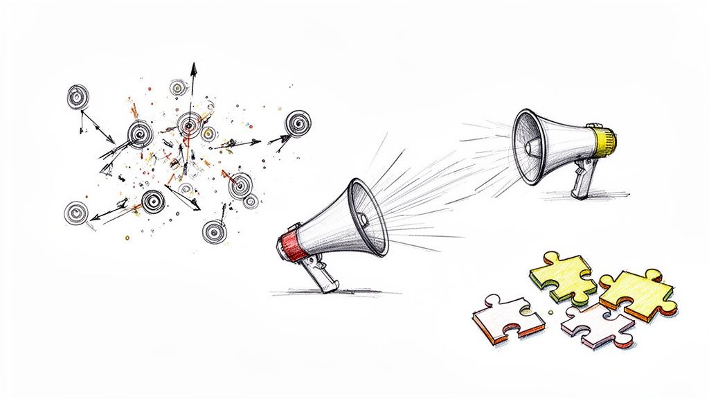 Visualizing a go-to-market strategy with targets, communication megaphones, and interlocking puzzle pieces.