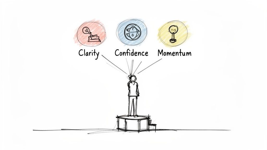 A person standing on a platform, looking up at thought bubbles labeled Clarity, Confidence, and Momentum.