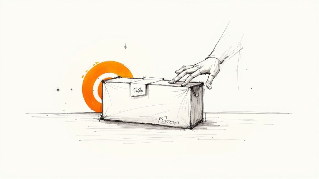 A sketch illustration shows a hand reaching for a package labeled 'Tuttle' with an orange circle in the background.