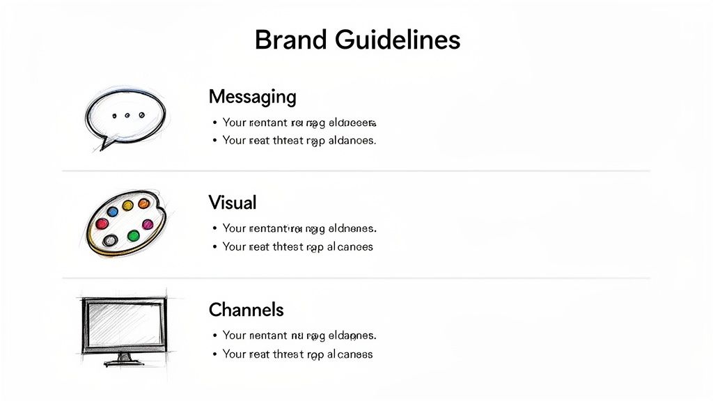A brand guidelines slide showing sections for messaging, visual, and channels with illustrative icons.