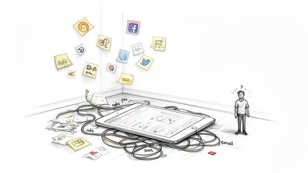 A confused man surrounded by digital clutter, a tablet, tangled wires, and social media icons.