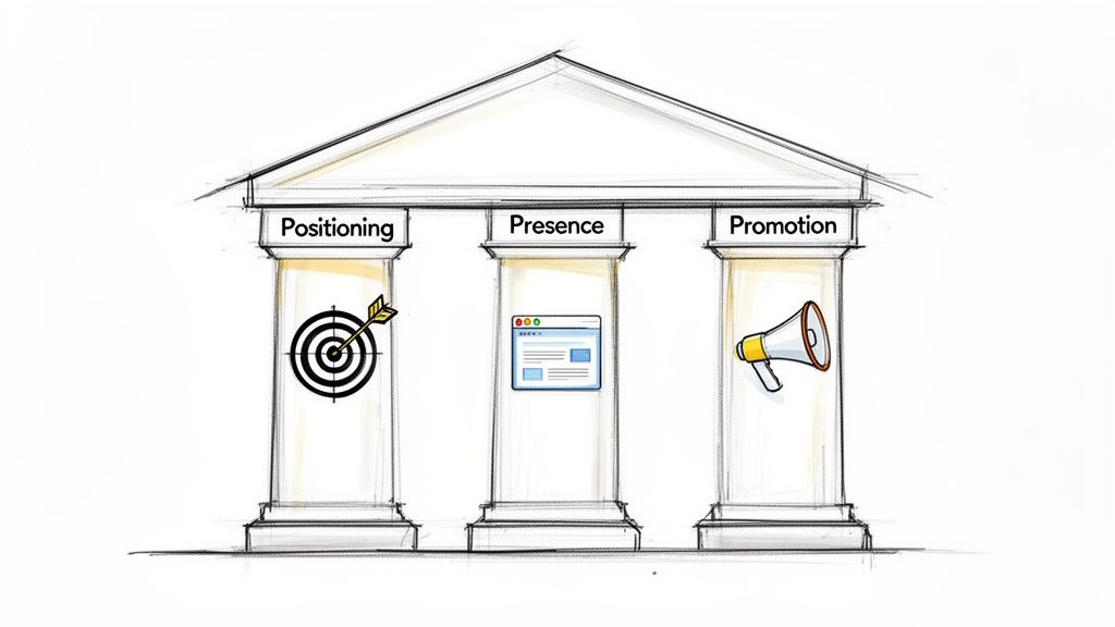 Illustration of three marketing pillars labeled Positioning, Presence, Promotion, with relevant icons.