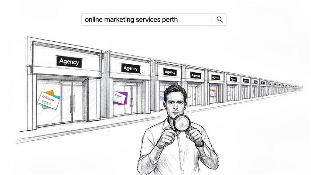 A man with a magnifying glass searches for an online marketing agency among many options.