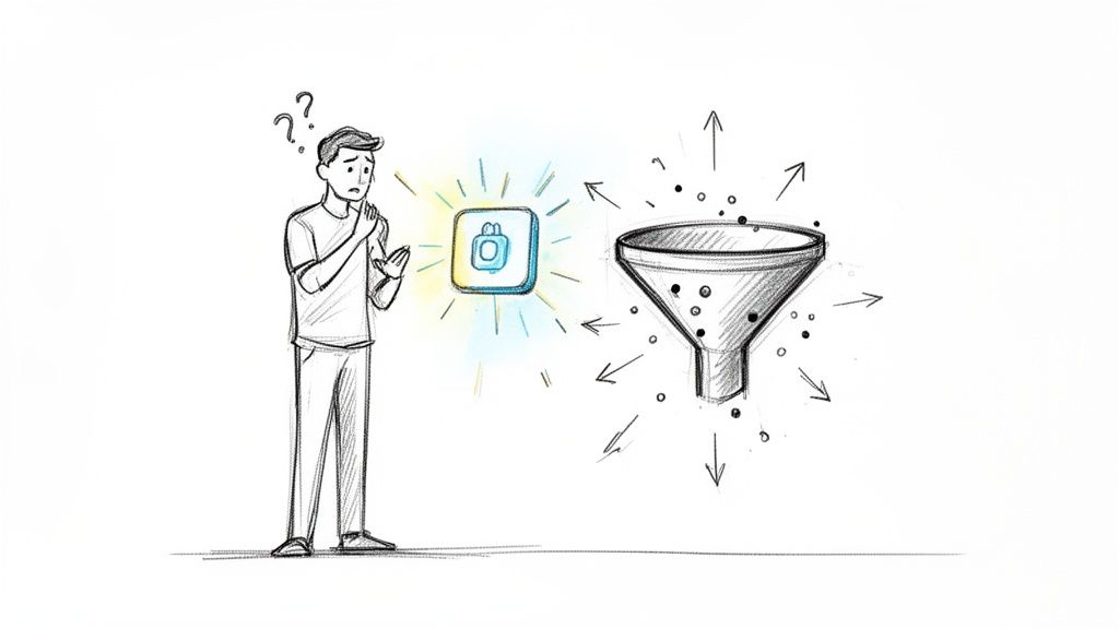 A confused man looking at a glowing marketing app icon and a data processing funnel.