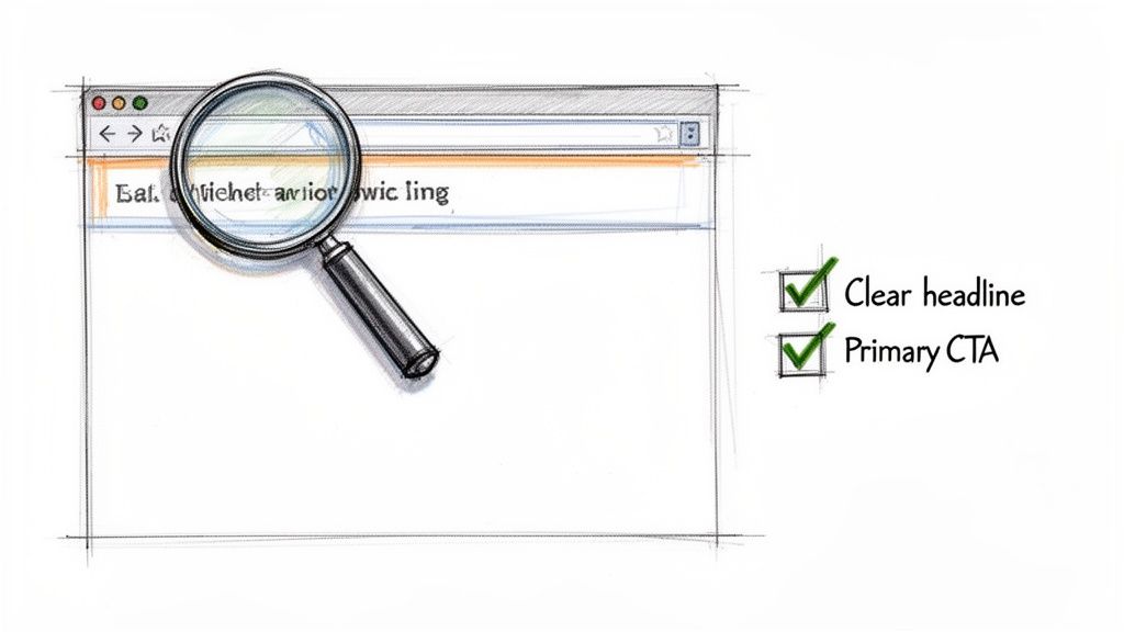 Hand-drawn sketch of a web browser with a magnifying glass examining text, next to 'Clear headline' and 'Primary CTA' checkboxes.