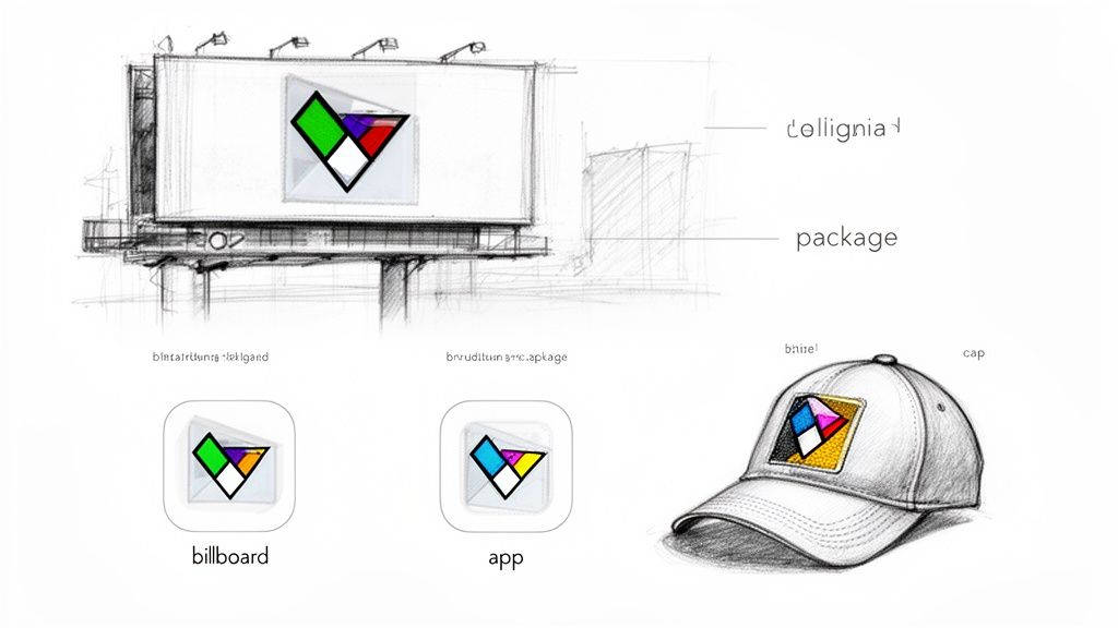 Detailed sketches showcasing a colorful geometric logo applied on a billboard, app icons, and a baseball cap.