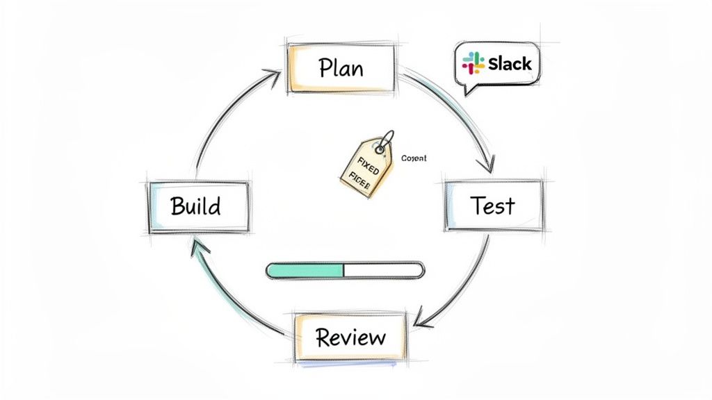 A sketch of a circular software development lifecycle showing Plan, Test, Review, Build stages, with Slack and a 'Fixed Price' tag.