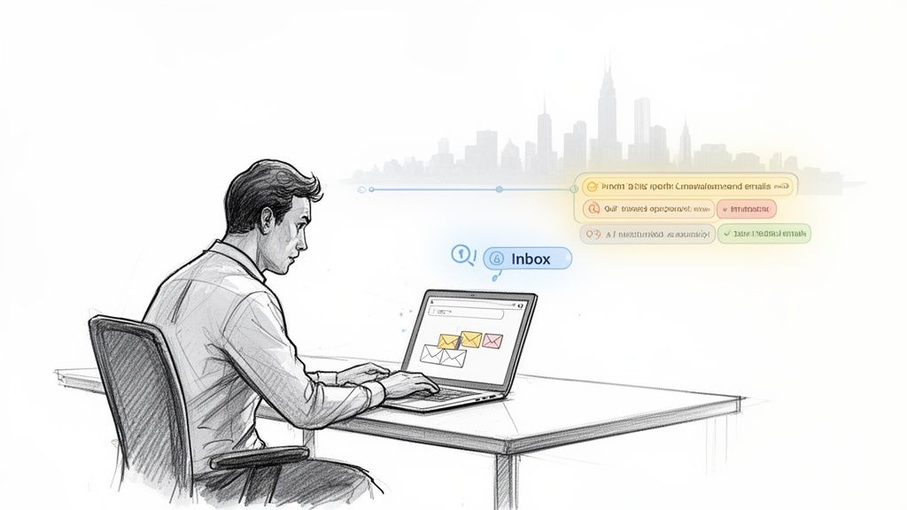A man is working on a laptop, managing his inbox with a city skyline background.