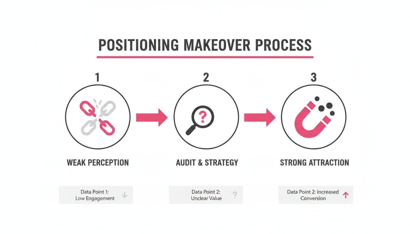 An infographic illustrating a three-step positioning makeover process from weak perception to strong attraction.