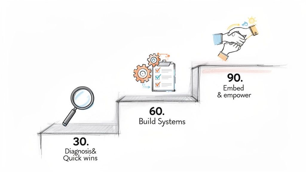 Illustration of a 3-step consulting process: diagnosis, system building, and empowerment.