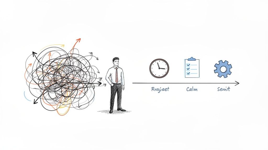 A man transforms a chaotic jumble of arrows into an organized workflow with time,tasks,and processes.