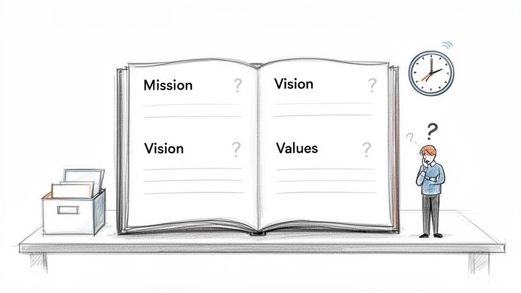 Illustration of a person contemplating company mission, vision, and values in an open book.