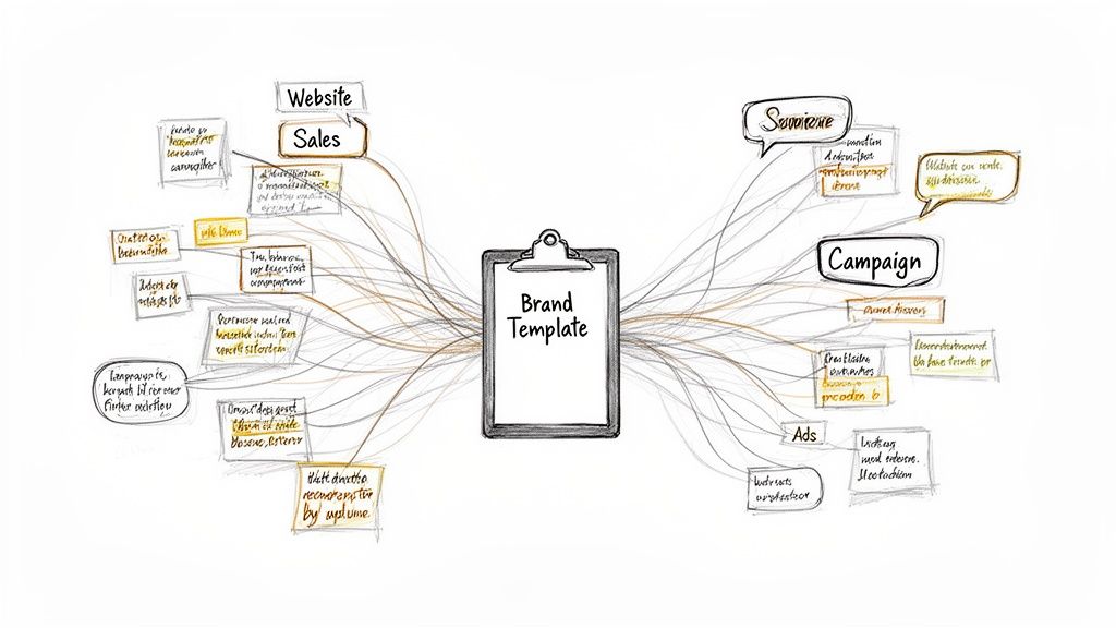 A detailed mind map illustrating a brand template with connected concepts like website, sales, campaigns, and ads.