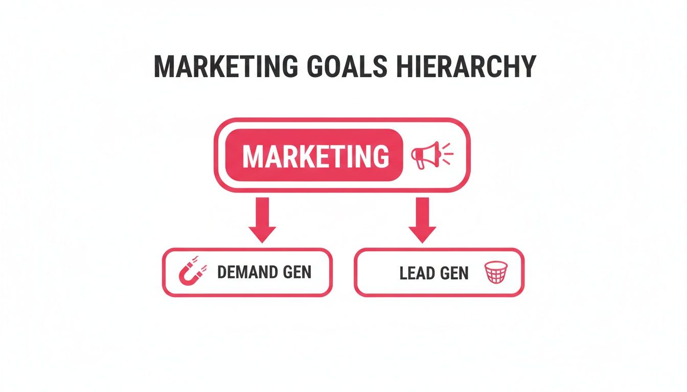 A marketing goals hierarchy diagram showing marketing leading to demand generation and lead generation.
