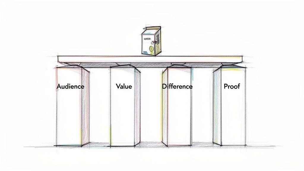 A diagram showing a product box on a platform supported by pillars: Audience, Value, Difference, and Proof.