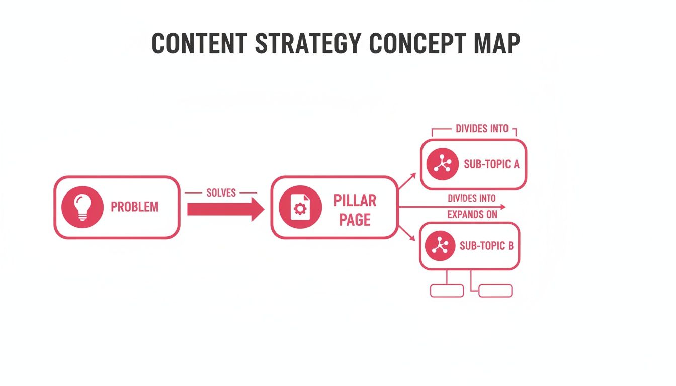 A content strategy concept map showing how a problem leads to a pillar page and sub-topics.