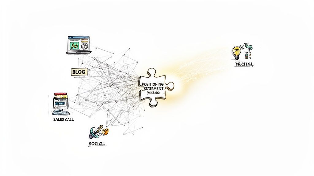 Diagram illustrates disparate marketing elements like blog, sales, social, and digital, lacking a central positioning statement.