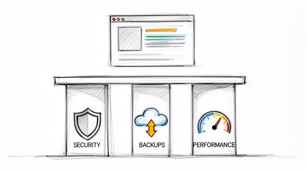 A sketch showing a web browser supported by three pillars: Security, Backups, and Performance.