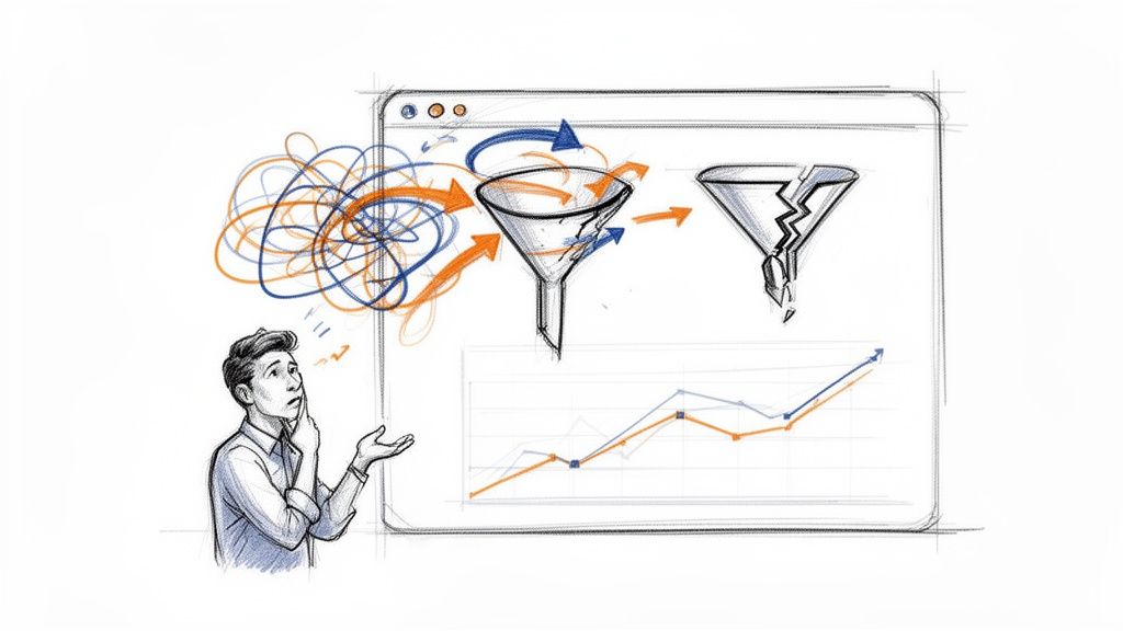 A thoughtful man observes digital marketing data on a screen, showing chaotic funnels and performance graphs.